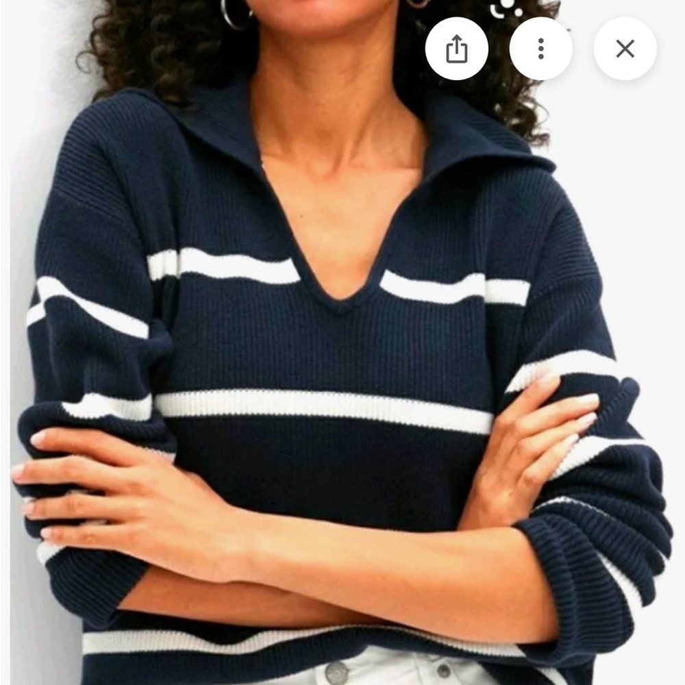 Banana Republic 100% Cotton Open Knit Striped V Neck Hoodie Sweater. Nautical.